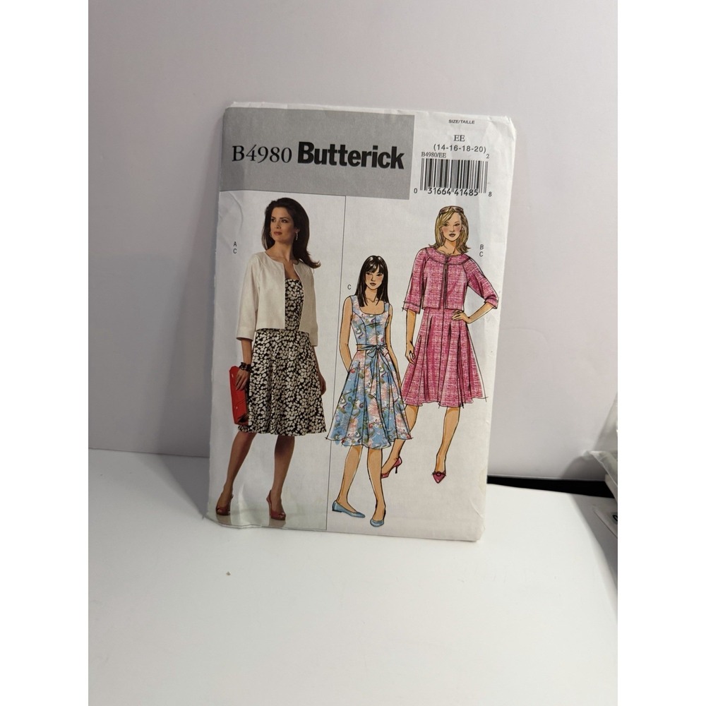 Vintage Butterick B4980 Sewing Pattern Dress & Cropped Jacket Size 14-20 Uncut